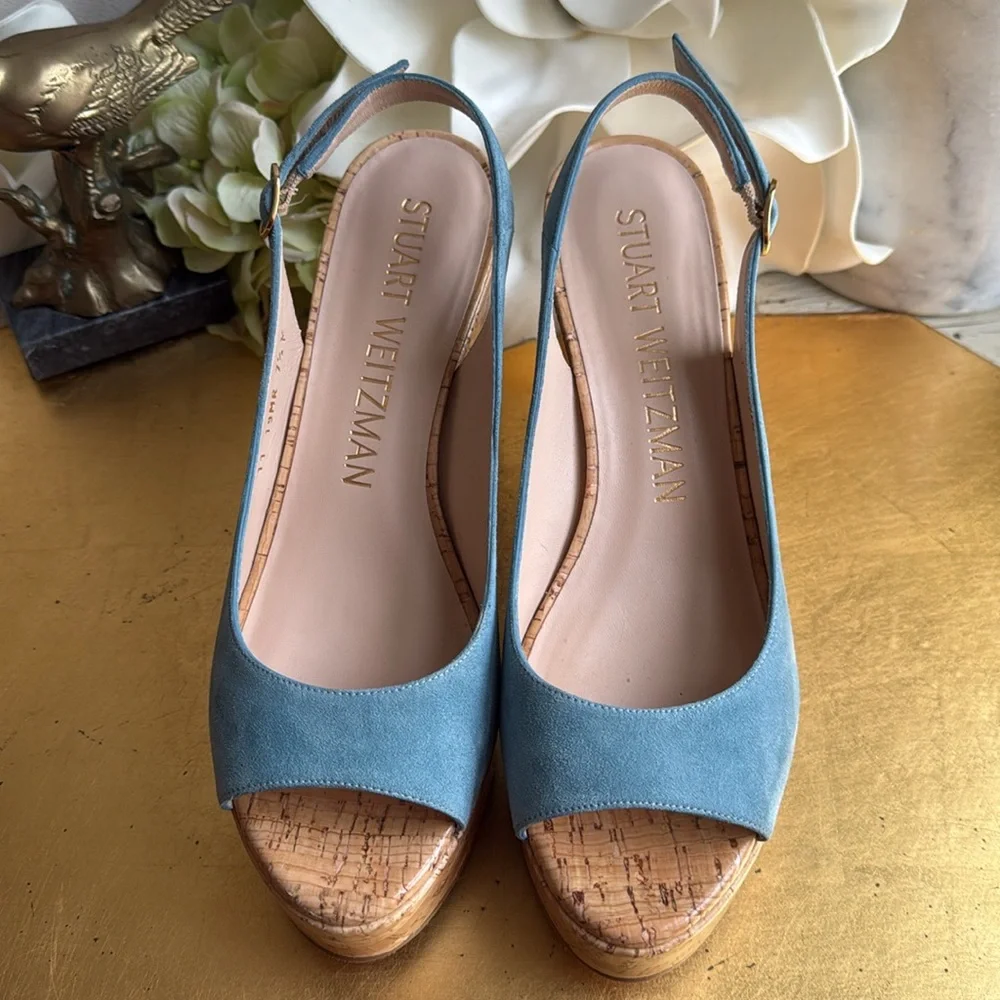 Stuart Weitzman Platform Gloss Cork Wedges in Blue Suede - Picture 4 of 16
